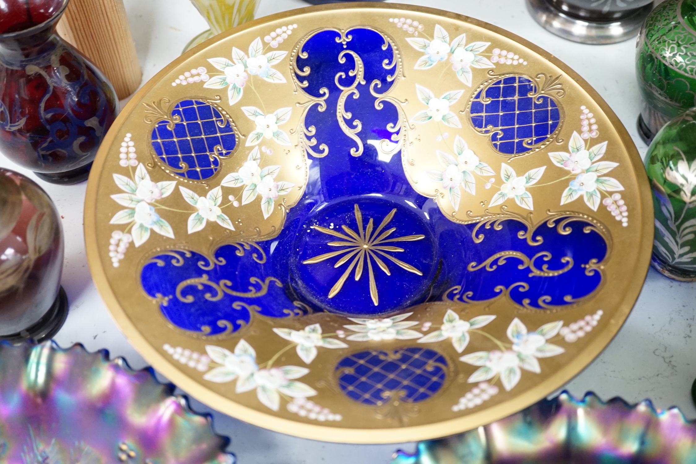 A quantity of enamelled and painted glassware and two carnival glass dishes